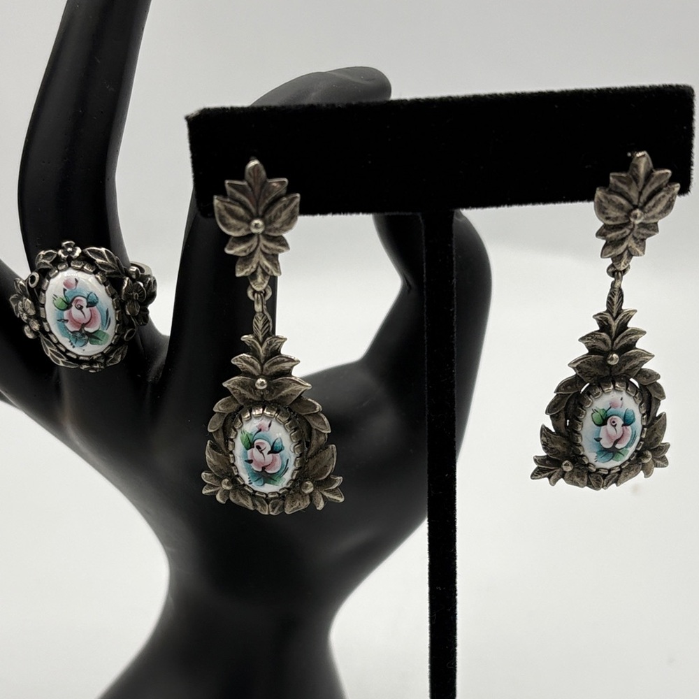 Vintage Rostov Finift Ceramic Earring and Ring Set